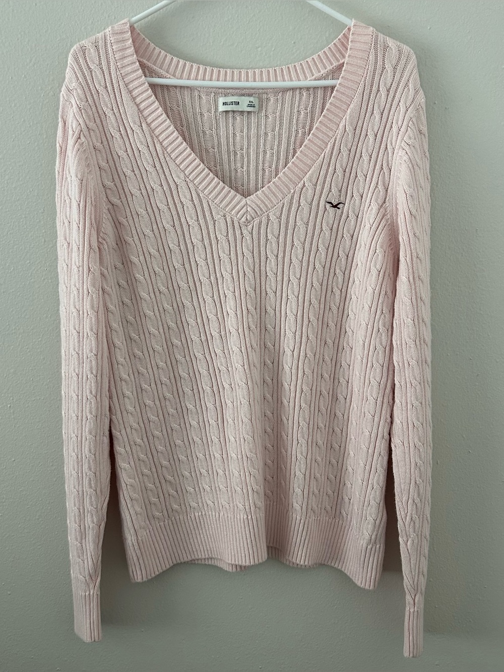Y2K Hollister Light Pink Cable-Knit V-Neck Pullover Sweater Logo Size XXL Preppy
